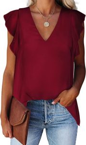 A lady wearing Alice CO Women's Summer V Neck Cap Sleeve Chiffon Casual Flowy Blouse Shirt