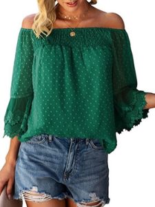 The Bequemer Laden Women’s Summer Ruffled 3/4-inch Bell Sleeve Off-Shoulder Top with Swiss Dots