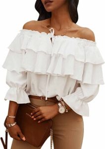 A lady modelling the Byinns Women's Off Shoulder Ruffled Long Sleeve Layered Blouse. This is a shirt you don’t have to wear a bra with