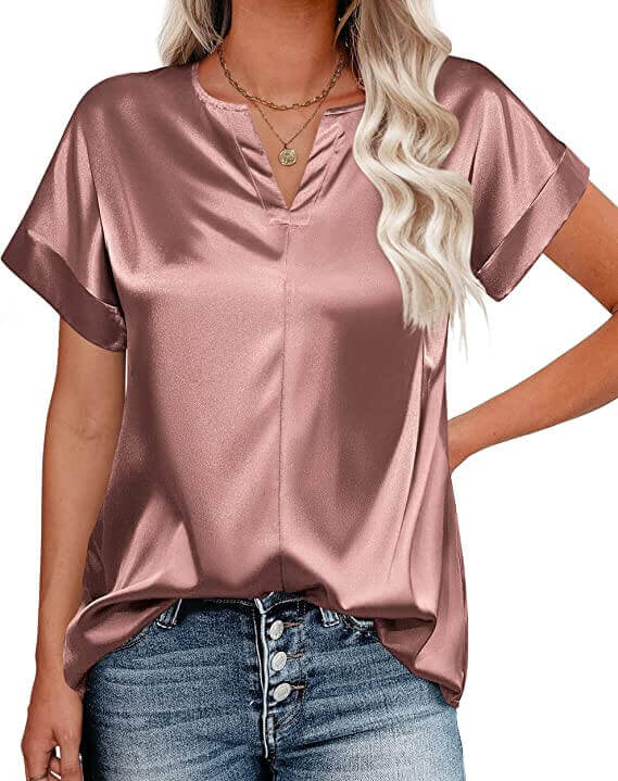 The Chigant Womens Casual Satin Blouse Short Sleeve V Neck Summer Top Solid Office Tunic Tops S-XXL. The best shirt material for hot weather